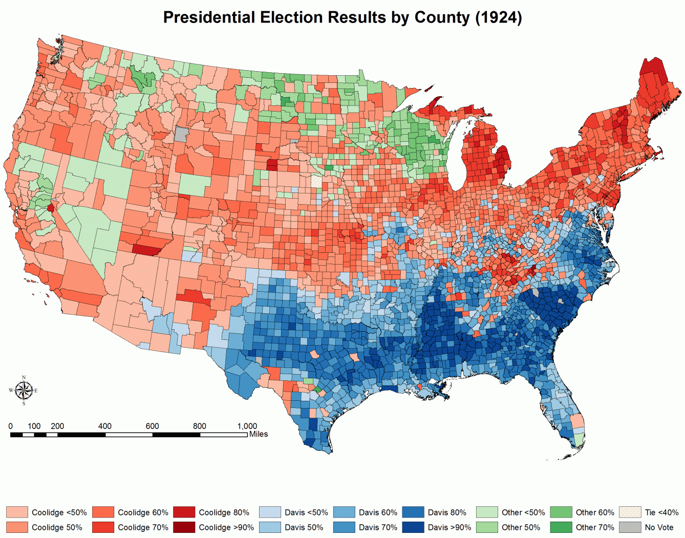 Presidential Election of 1924 by county, showing Coolidge's very impressive support across the country. Securing 54% of the popular and 382 electoral votes to 136 (for Democrat Davis) and 13 (for Progressive La Follette), Coolidge shattered the conventional wisdom that he was both "unelectable" beyond Massachusetts and incapable of prevailing in a three-way race nationally. No one has ever done that before or since without throwing the election into the House (1824) or losing to the Democrat opponent (1912, 1992). 