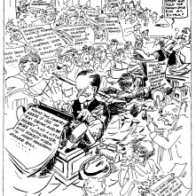 "The New Editor Goes to Work" by Jay "Ding" Darling, as former President Coolidge joined the editorial room as a daily columnist in the summer of 1930.