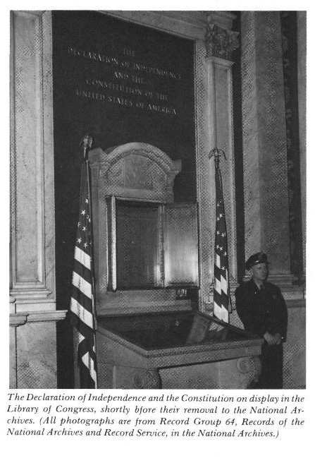 The Empty Shrine: The Transfer of the Declaration of Independence and the Constitution to the National Archives by Milton O. Gustafson, published in American Archivist 39.3 (July 1976): 271-285. Digitized courtesy of the Society of American Archivists at http://archivists.metapress.com/content/n50n22w711j64203/fulltext.pdf. 