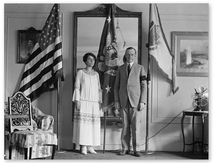 The Coolidges in their reception room at the Willard, August 4, 1923. 