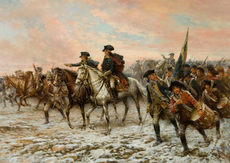 Lithograph in 1914 by Edward P. Moran depicting the capture of the enemy colors as the Battle of Trenton comes to a close, December 26, 1776. 