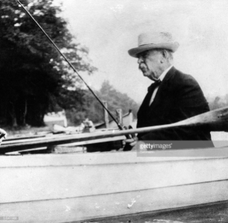 (Original Caption) Former President Grover Cleveland fishing in canoe; closeup. Ca. 1904 photo.