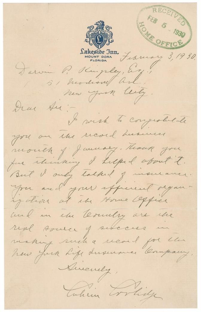 Lakeside Inn Letter by CC 2-3-1930