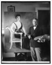 Artist beside his work, Mrs. Edith Wilson.