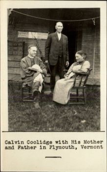 The caption for this postcard is partly incorrect, of course: The woman seated across from Coolidge is not his mother but an older sister of his mother, aunt Gratia Moor.
