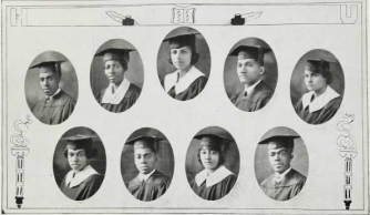 Graduating Class (1924): Top-Samuel Murray, Josephine Nolls, Mamie Neale, Clifton Nelson, Arleathia Parr; Bottom-Pauline Parker, Ellsworth Plummer, Florence Reed, Frederic Robb