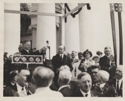 President Hoover and the Coolidges, joined by former Vice President Dawes and others present to dedicate the Harding Memorial, 1931.