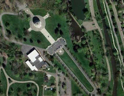 Aerial view of the McKinley National Memorial, Canton, Ohio. Note the martyr's sword design.