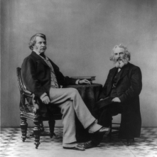 Charles Sumner, perhaps best known for the beating he sustained on the floor of Congress by Preston Brooks in 1856, sits here with friend Henry Wadsworth Longfellow. The wounds did not weaken his resolve to end slavery.