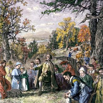 Thomas Hooker leads the settlement of Connecticut. Here they pray together, thanking God for His provision and mercy.