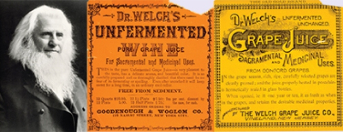 Dr. Thomas Welch, dentist and inventor, with his wife and son, devised the concept of non-fermented grape juice by the then new process of pasteurization of the containers and thus preventing the natural fermentation from juice to wine.